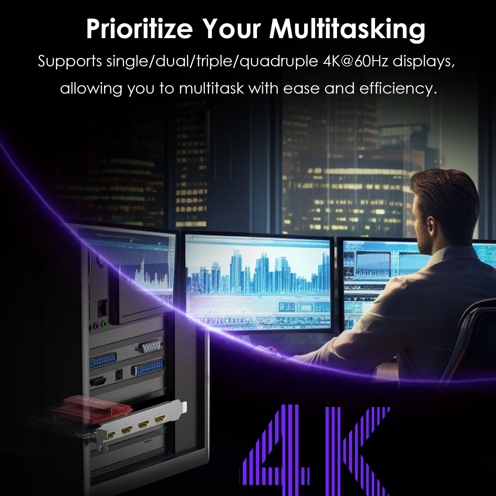 WAVLINK PCIe 3.0 to Quad 4K@60Hz HDMI Graphics Card - Global Debut with DisplayLink DL7400, 4 HDMI Ports, PC Video Card with Standard Profile, Supports Multiple Monitors for Windows 11/10 & Ubuntu