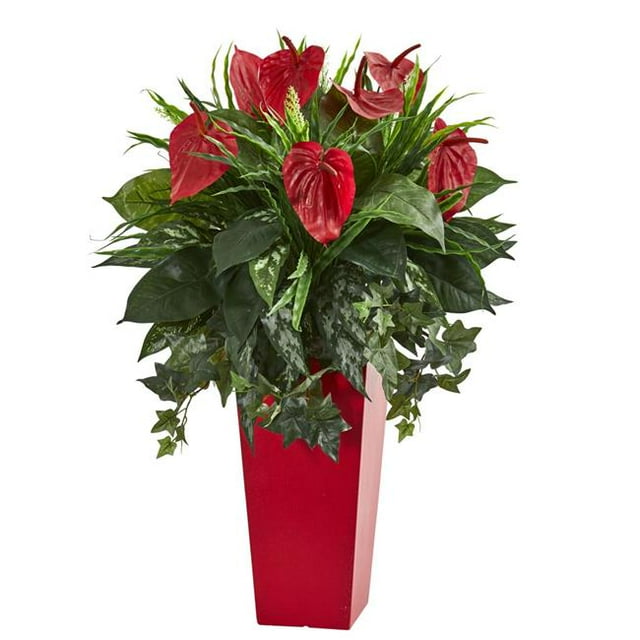 Nearly Natural 6451 Plante Artificielle Mixte d'Anthurium dans un Planteur Rouge