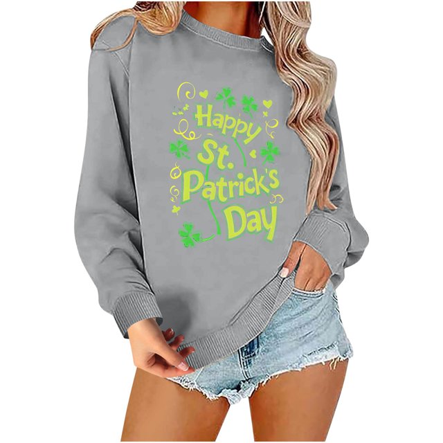 VKOYWKM Chandails de la Saint-Patrick Joyeuse pour Femmes, Chandails à Enfiler à Imprimé de Lettres Drôle, Coupe Ample, Manches Longues, Col Rond, Chandails en Molleton Verts