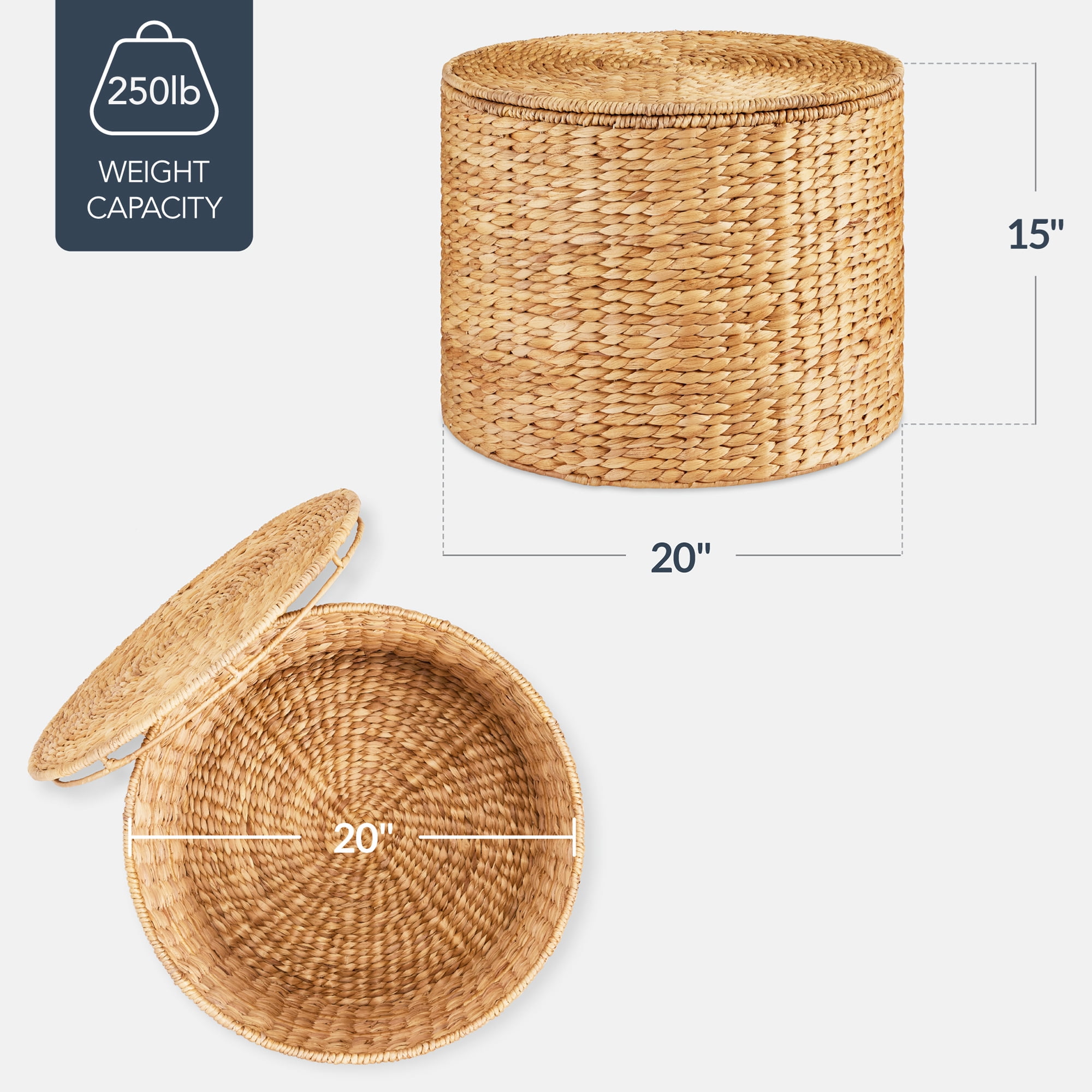 Best Choice Products Large Round Storage Ottoman W/ Lid, Handwoven Water Hyacinth Footstool - Natural