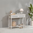 thumbnail image 2 of Oatmeal Beige Boho Style Console Table - a narrow entryway table with 2 drawers, an open storage shelf, and rounded corners. also as a sofa table., 2 of 7