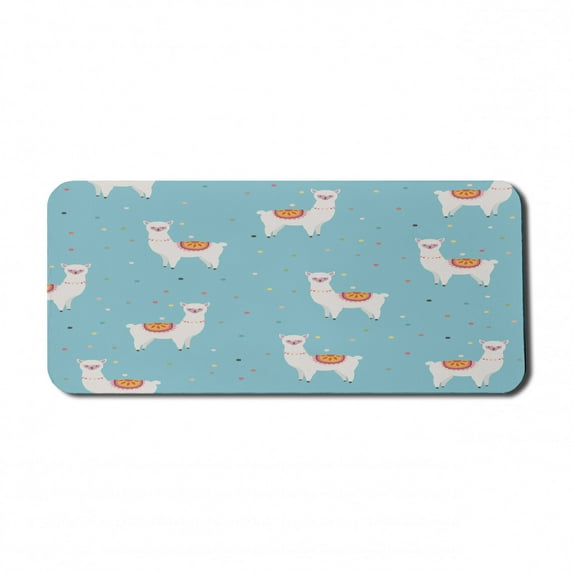 Animals Computer Mouse Pad, Llama Illustration White Alpacas Pattern and Colorful Dots on Blue Background, Rectangle Non-Slip Rubber Mousepad X-Large, 35" x 15" Gaming Size, Multicolor, by Ambesonne