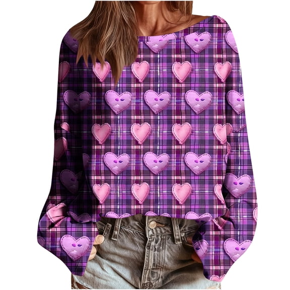 Ayolanni Purple Women Tops Plus Size Cute Long Sleeve Valentines Day Tees Heart Winter Colorful Shirts Womens T Shirts L