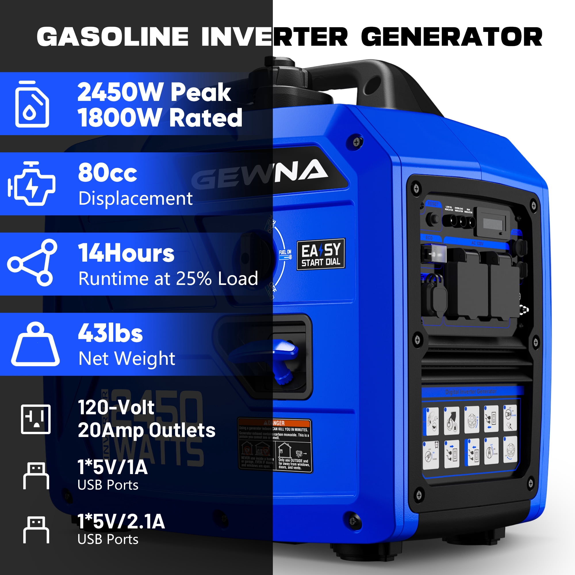 2450-Watt 120V Gas Powered Portable Fuel Inverter Generator Included 1.6 Gallon Large Fuel Tank Super Quiet