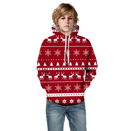 

Sweatshirt Kids Hooded Unisex Christmas New Years Pattern Pullover with Pocket Hoodies for Teens