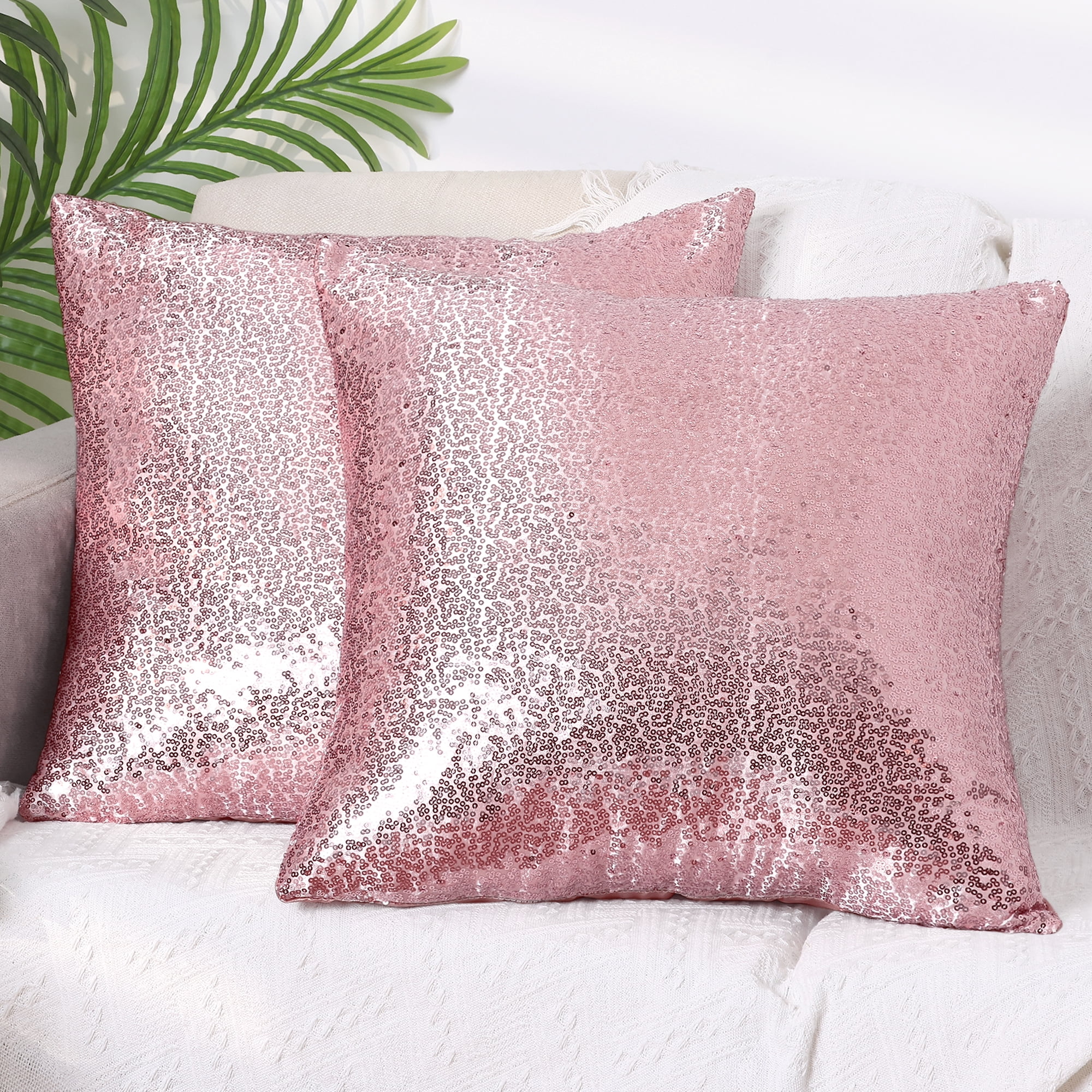 Unique Bargains Sequin Throw Pillow Covers 2 Glitter Decorative Pillow Cases Cushion Cover Pink 18" x 18"