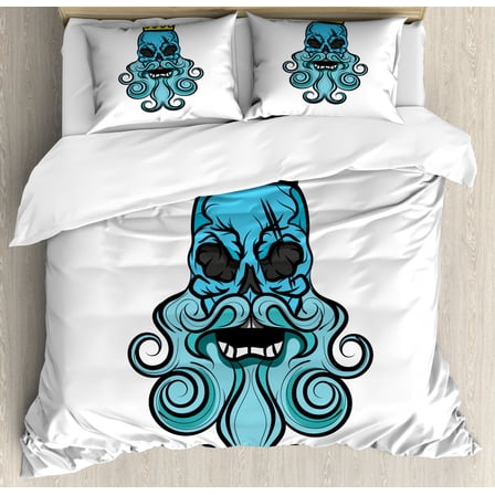 Skull Duvet Cover Set Queen Size, Portrait with Beard and Royal Crown Skeleton Motif Illustration, Decorative 3 Piece Bedding Set with 2 Pillow Shams, Yellow Turqouise and Pale Blue, by Ambesonne