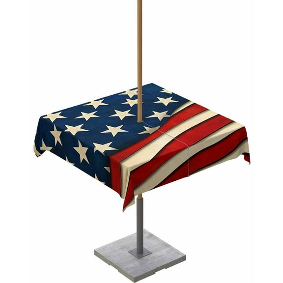 Outdoor Tablecloth with Umbrella Hole & Zipper, Vintage American Flag Square Tablecloth 54x54 Inch, Red Beige Waves Patio Table Cover Waterproof Table Cloth for Picnic/Party