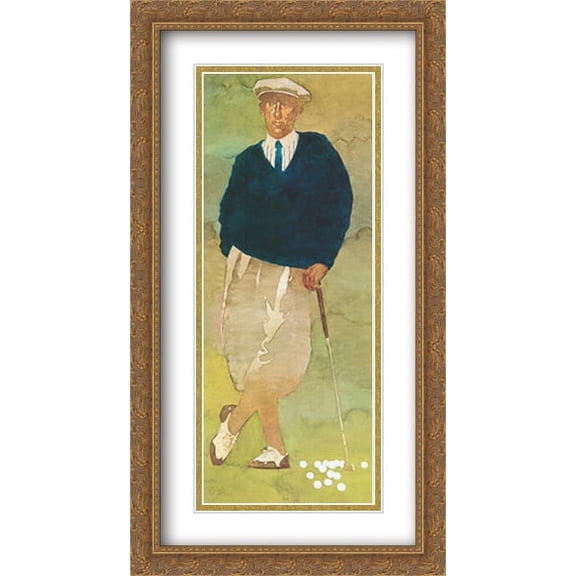Vintage Male Golfer 2x Matted 22x39 Large Gold Ornate Framed Art Print by Bart Forbes