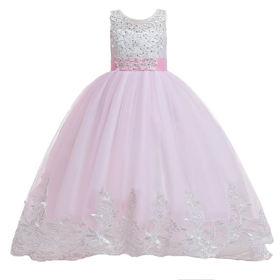 Pejock 6-11 Years Kids Pageant Flower Girl Dress Little Girls Party Wedding Formal Dresses Toddler Girls Net Yarn Embroidery Rhinestone Bowknot Birthday Party Gown Long Dresses