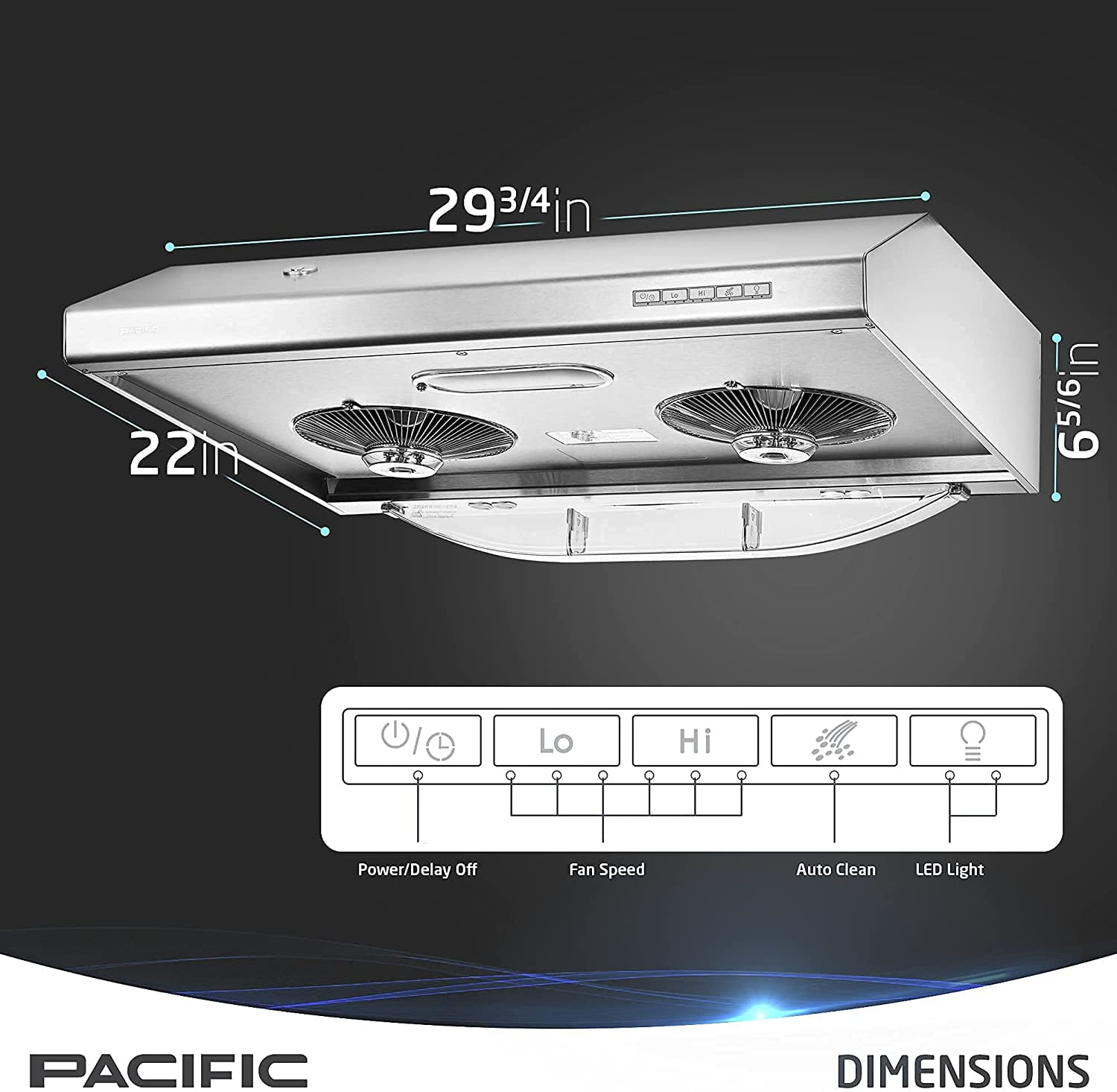 Pacific Kitchen Vent Hood AC3000BS – 30 Inch Under Cabinet Range Hood – Filterless Modern Stainless Steel Hood Vent with 900 CFM Suction, Dual Fans, LED Touch Controls and Auto-Clean Function