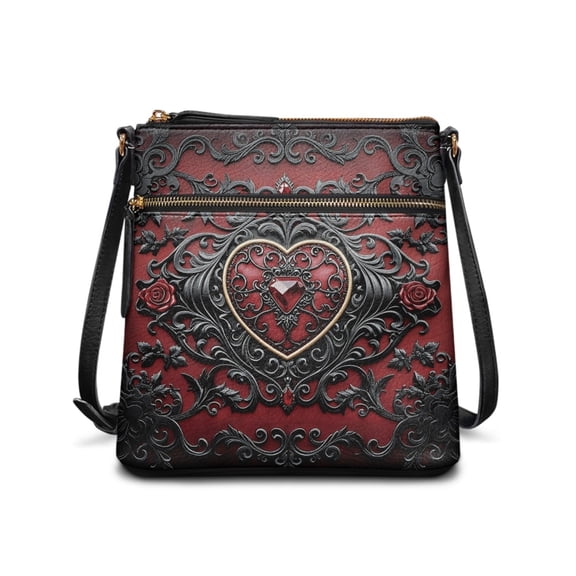 Tutolipy Water-Resistant PU Leather Crossbody Shoulder Purse for Travel Work, PU Material Waterproof Satchel Bag, Gothic Red Heart Rose
