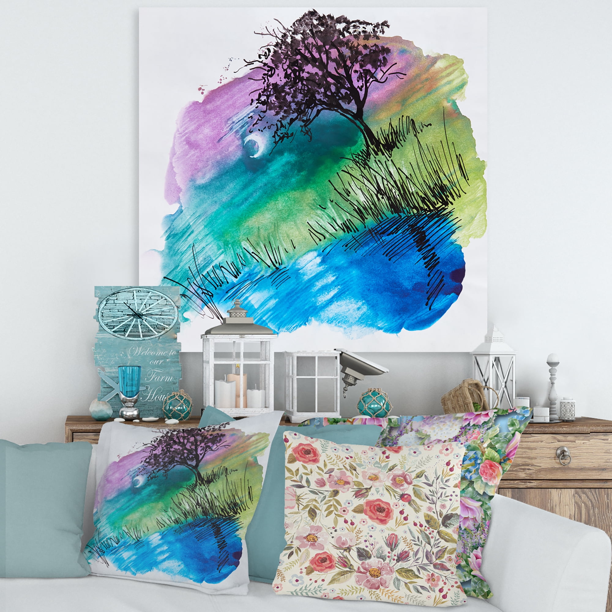 Designart ' Rainbow Silhouette Of Tree On The Riverbank At Night ' Modern Canvas Wall Art Print