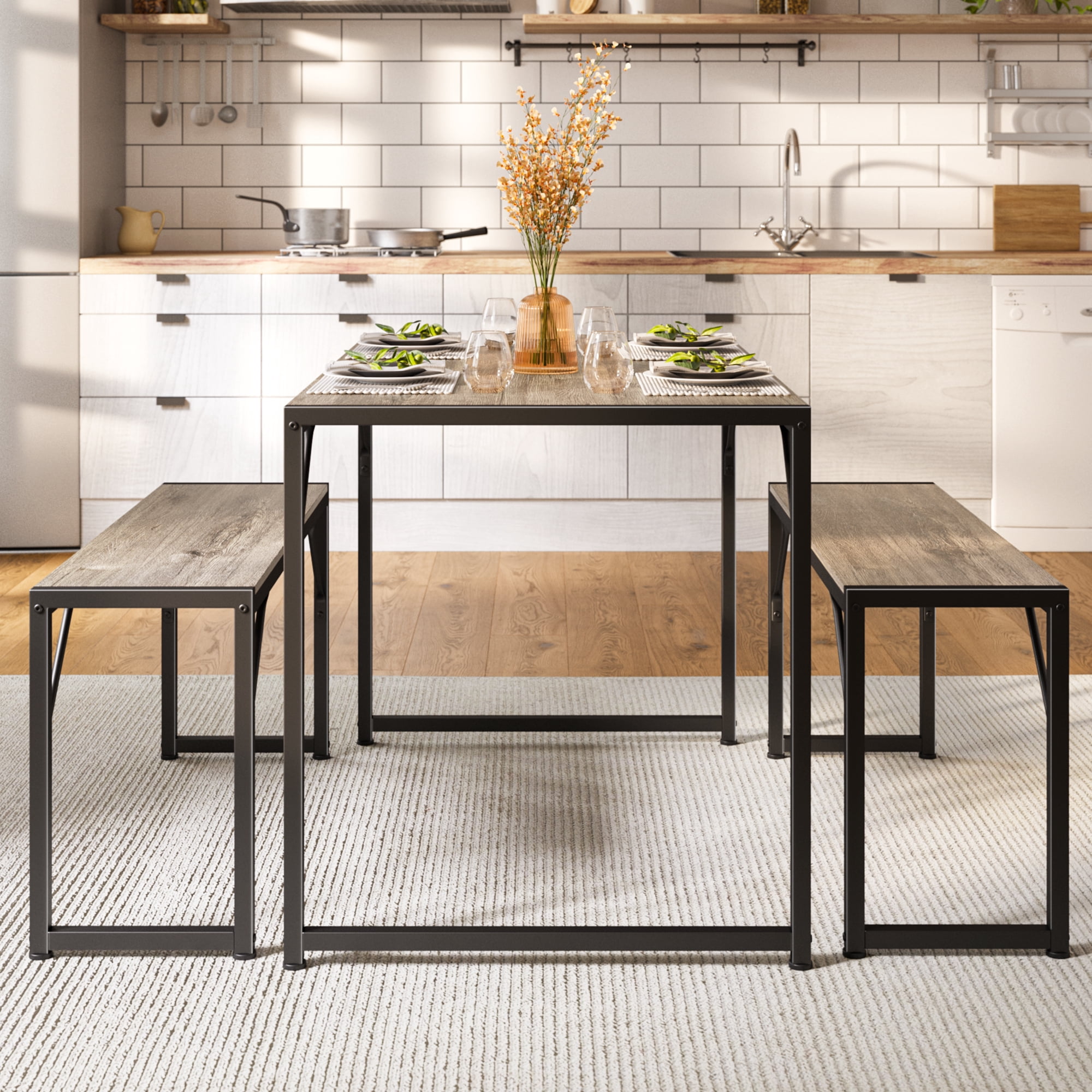 Asofer 45.5" Small Kitchen Dining Table Set with 2 Benches, Multi-Use as Coffee Table/Shoe Bench, Grey