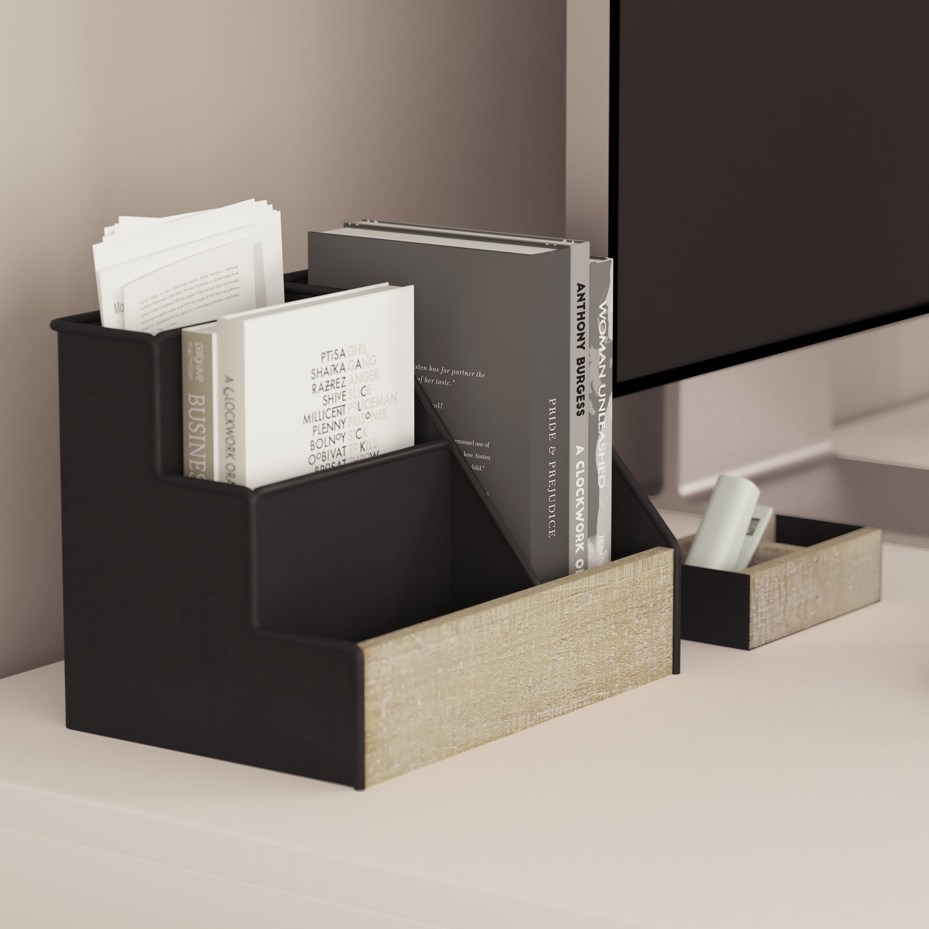 Merrick Lane 3 Piece Desk Organizer Set for Desktop, Countertop, or Vanity in Black Finished Metal and Rustic Wood