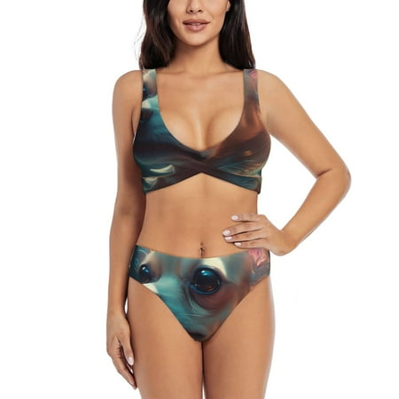 Zeuib Cute Flower Chihuahua Puppy High Waisted Tummy Control Bikini Set - Knot Front Push Up Top & Cheeky Thong Bottom  Two-Piece Swimsuit for Women-Large