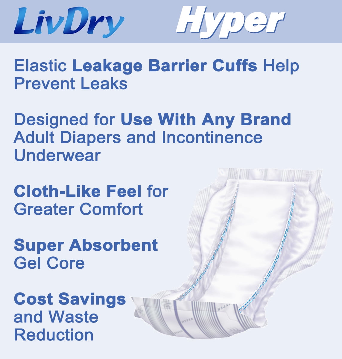 LivDry High Absorbency Pad Insert for Incontinence Briefs and Adult Diapers, Women and Men (Hyper 2400, 72-Pack)