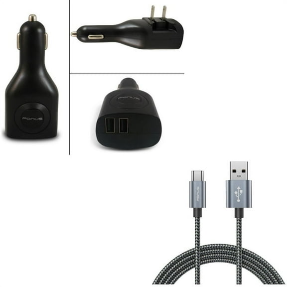 2-Port USB Car Home Charger w Type-C 10ft USB Cable X4E for Nokia 3.1, 7.1, 8, Plus - OnePlus 5T, 6, 6T, 7 Pro - Razer Phone 2 - RED Hydrogen One - Samsung Galaxy Tab S3 9.7 S9 Plus, S8  S8