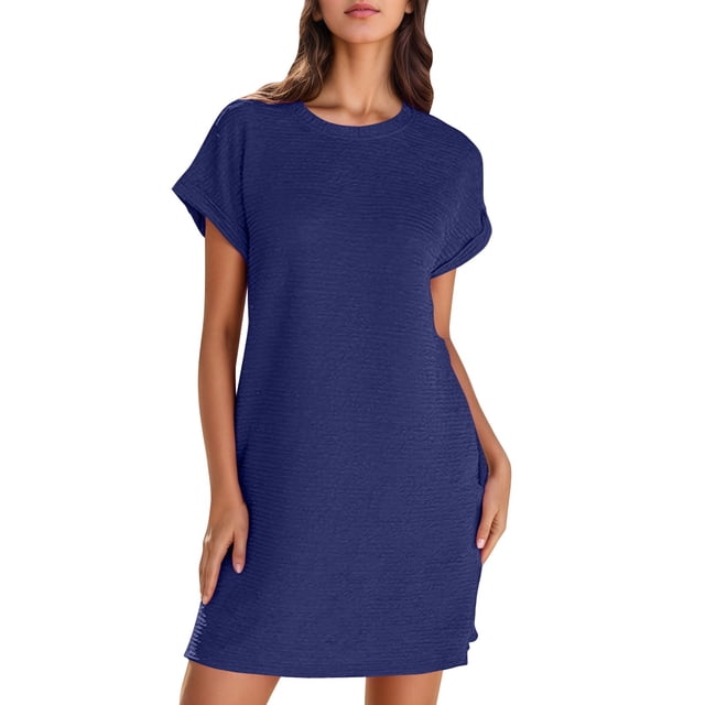 Lenpel Robe T-Shirt pour Femme, Couleur Unie, Manches Courtes, Col Ras du Cou, Robe Tunique, Été, Décontractée, Mini, avec Poches