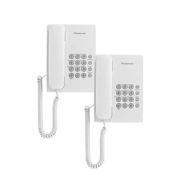 Combo 2 Piezas Teléfono Fijo Alámbrico Panasonic KX-TS500MEW Blanco con Montaje en Pared y Selector de Timbre para Hogar u Oficina