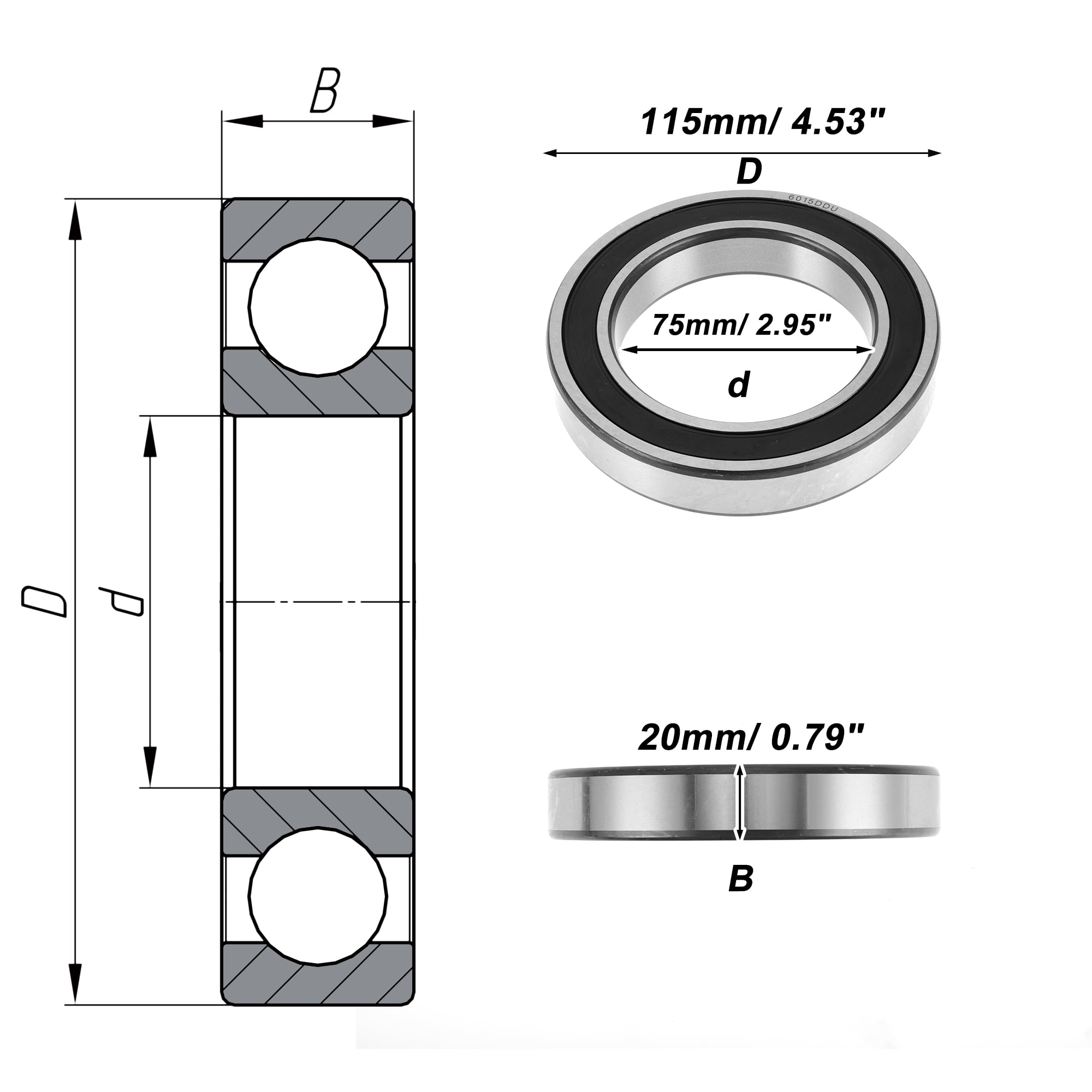 Unique Bargains 6015DDU Deep Groove Ball Bearings 75x115x20mm 1 Pc Lubricated Bearings Scooter Skateboard Wheel