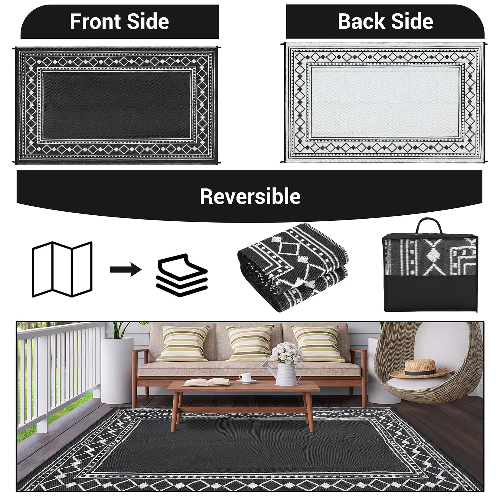 Outdoor Rug 8x10 Plastic Straw Rug Waterproof Patio Rug,Reversible Rug,Foldable Lightweight Outdoor Carpet with Storage Bag,4 Stakes,Outdoor Mat Reversible Camping Carpet Camping Mat for Deck,Garden