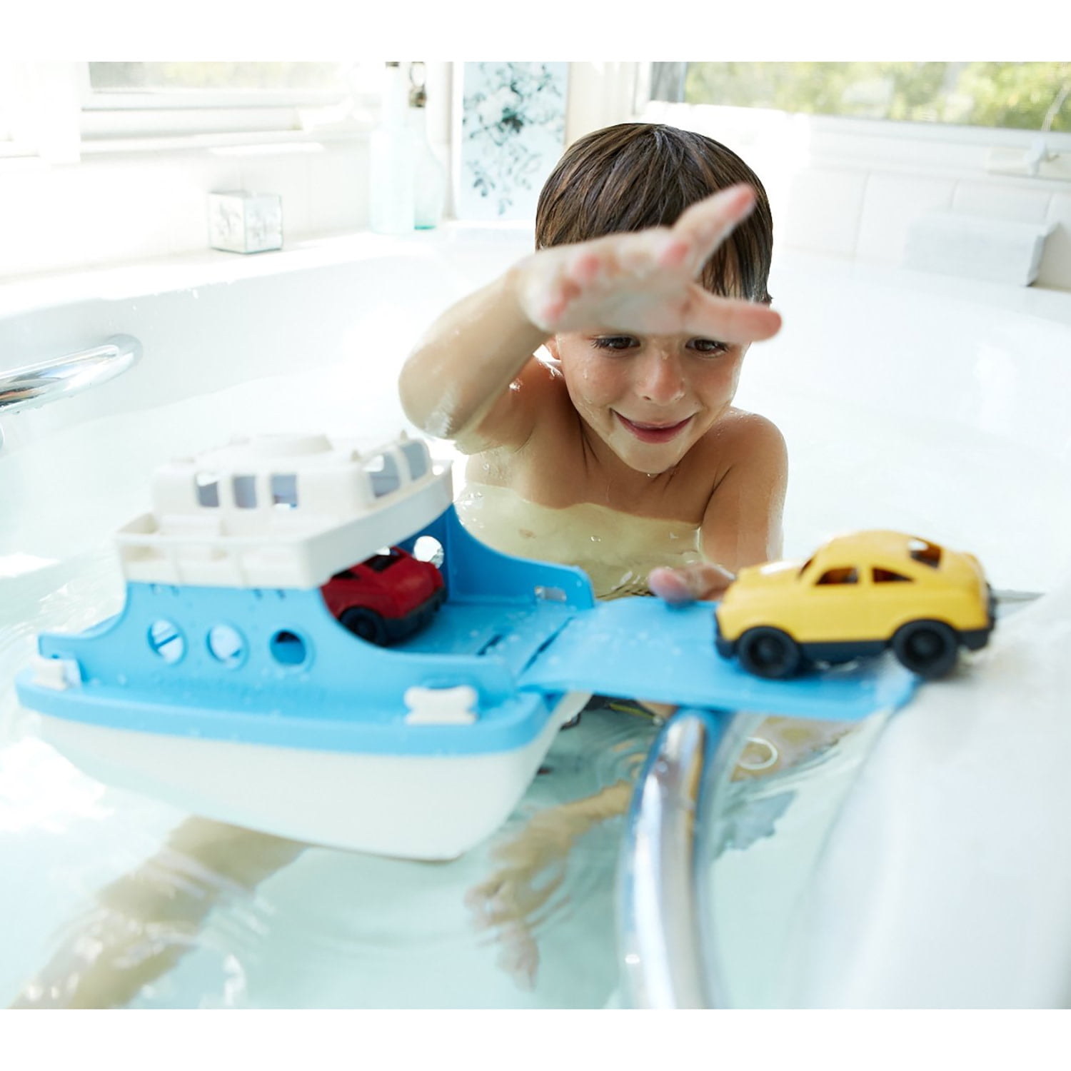Green Toys: Ferry Boat - Blue & White - Floating Toy Vehicle & 2 Mini Cars, Water & Bathtub Play, Loading Ramp, In/Outdoor, Recycled Material, Kids 3+