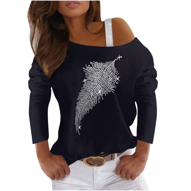 Camisas informales de manga larga para mujer, jersey con hombros descubiertos, blusa holgada con lentejuelas brillantes, Tops tipo túnica Pompotops gfhjh15355