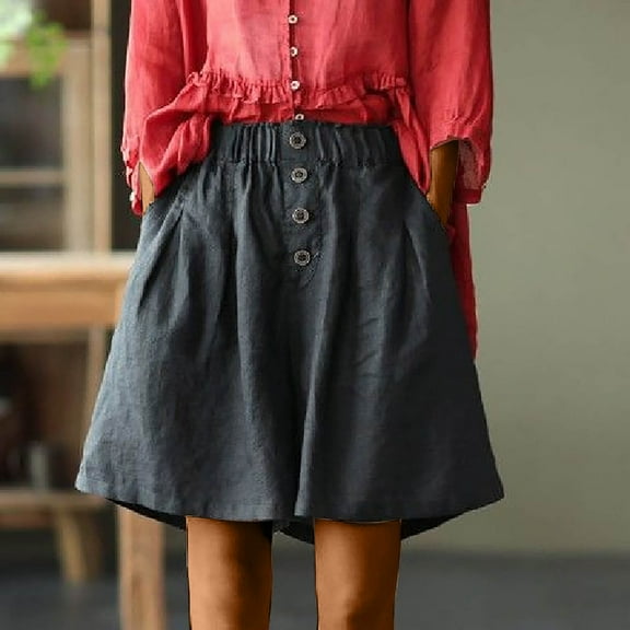 Munlar Casual Shorts Women's Shorts Black Wide Leg Elastic Waist Shorts Plus Size Cotton Linen Summer Shorts with Pockets