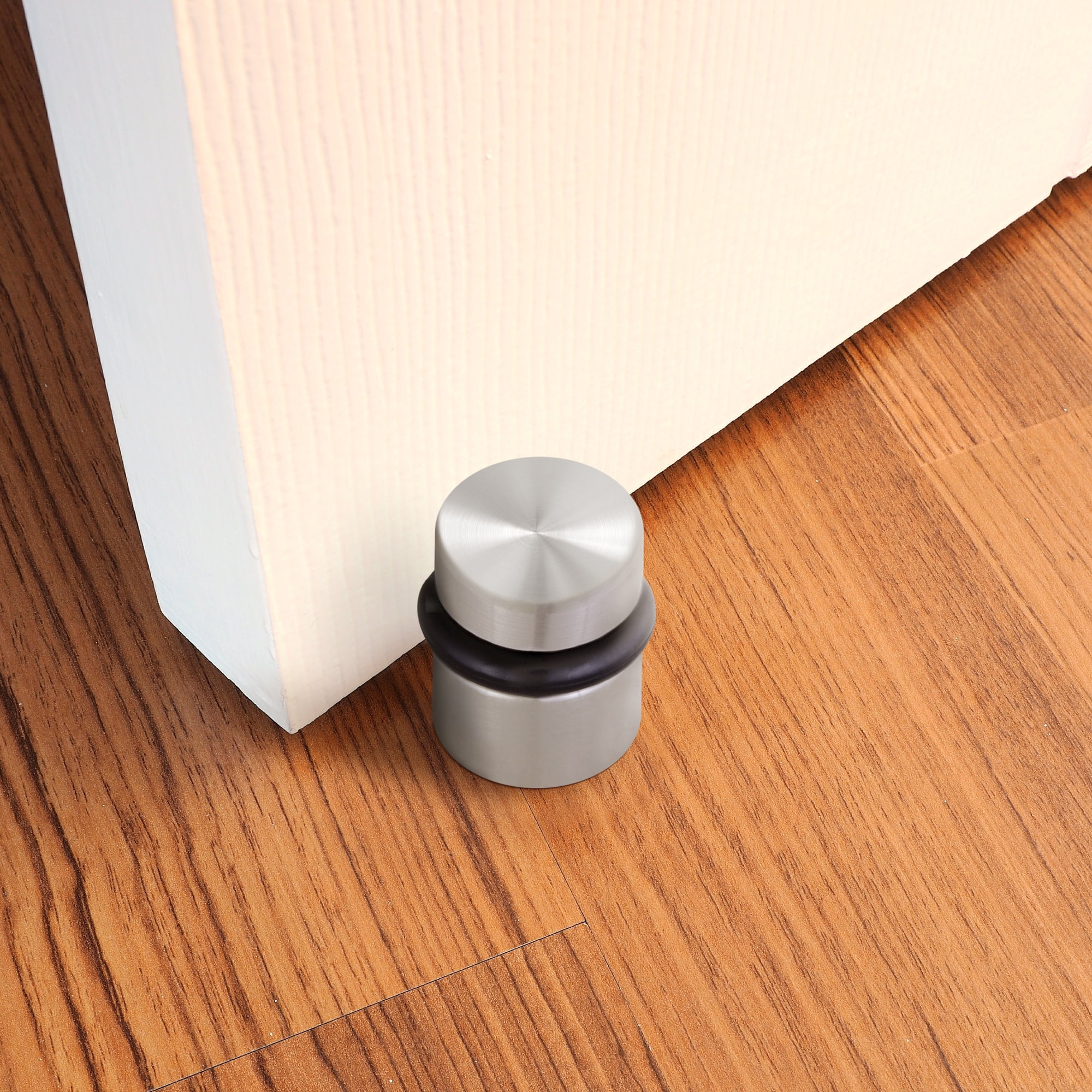 Design House 2-Pack Modern Cylindrical Floor Mounted Door Stops with Rubber Bumper, Satin Nickel