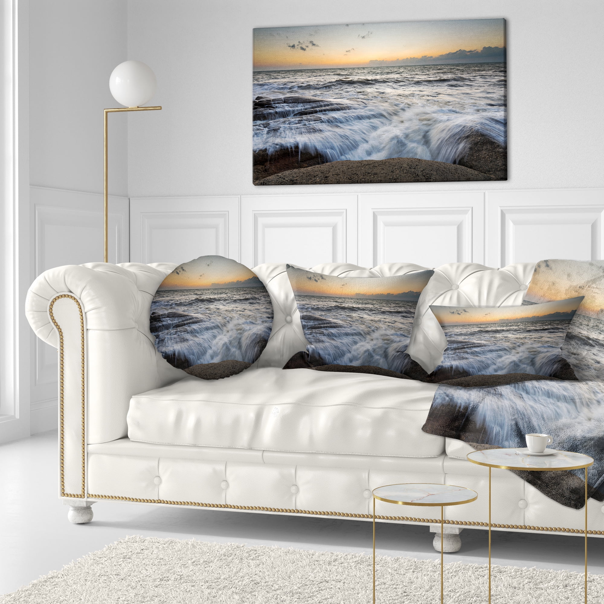 Designart Troubled Sunset Sea Waves - Beach Photo Throw Pillow - 12x20