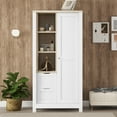 thumbnail image 3 of 68" Tall Storage Wardrobe, Modern Multi-Function Large Storage Cabinet with Hanging Rods, 2 Drawers, Open Shelves, Sliding Door, Minimalist Style Furniture for Living Room, Bedroom, White, 3 of 8