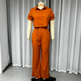 thumbnail image 4 of Wefads Two Piece Set Women Summer Casual Solid Lapel Single Breasted Button Short Sleeve Top With Belt Wide Legs Pants Set, 4 of 4