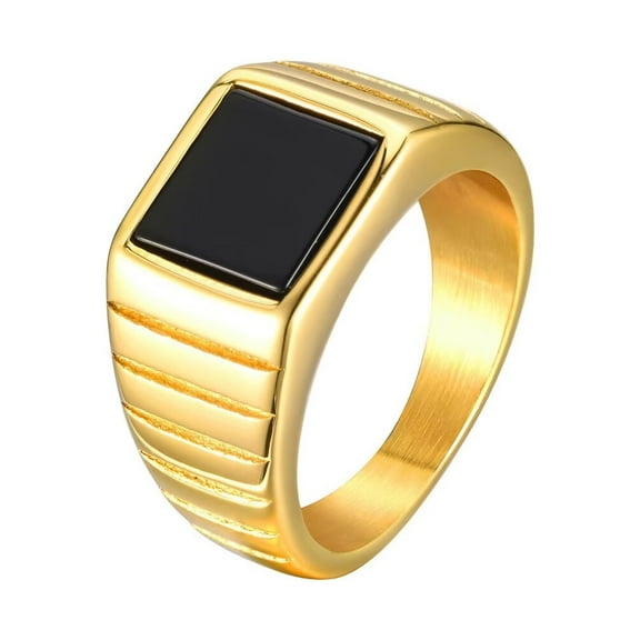 PAMTIER Men's Stainless Steel Vintage Hip Hop Square Cut Black Agate Gemstone Biker Ring Pinky Thumb Statement Band Comfort Fit Size 8