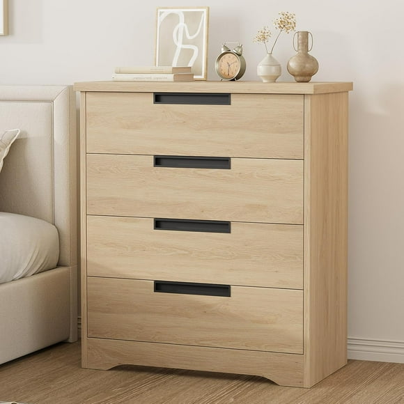 Commode à 4 Tiroirs pour Chambre, Commode Naturelle avec Poignées Encastrées, Organisateur en Bois pour Salon, Chambre de Bébé, Couloir et Entrée
