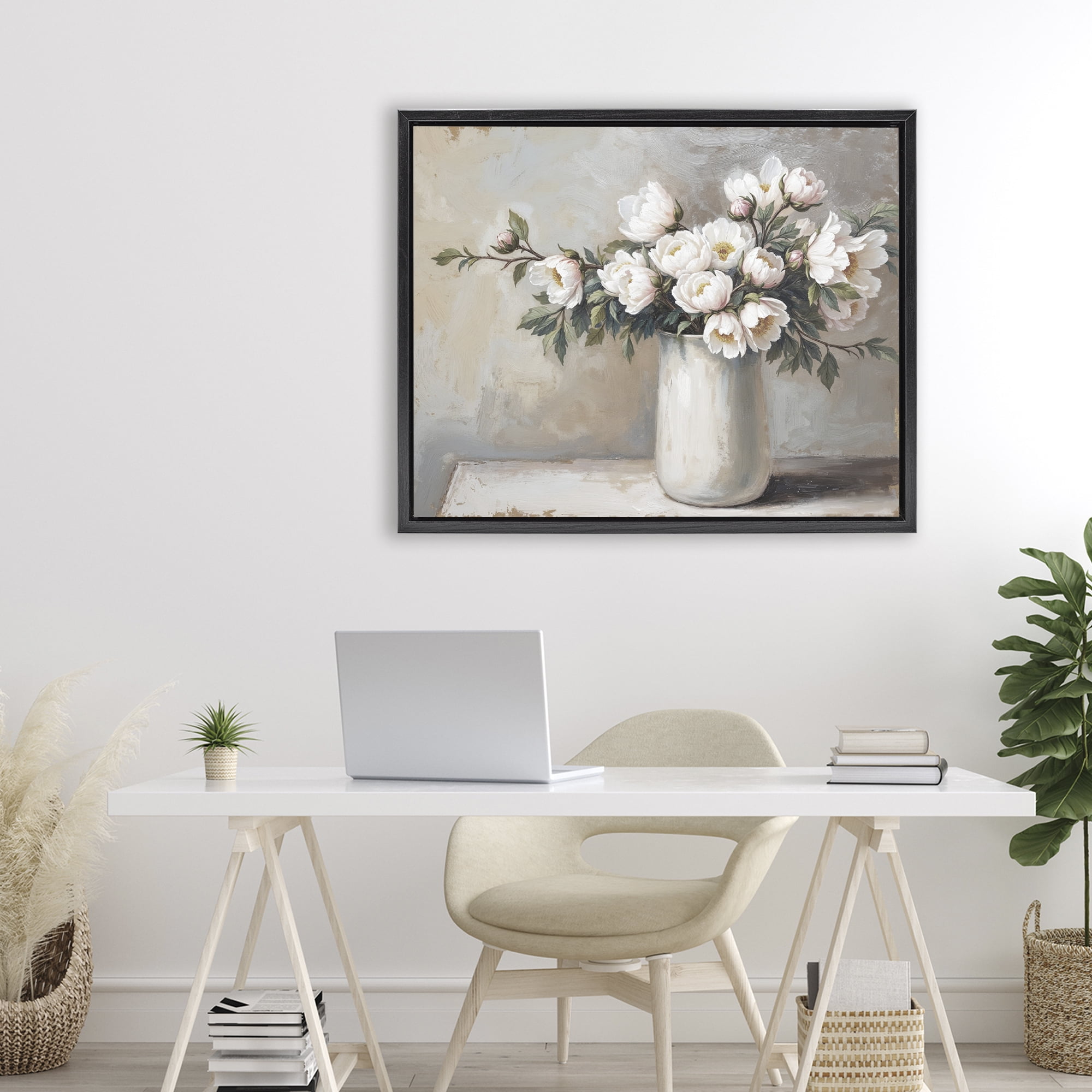 White Flowers in Vase Still Life Black Framed Floater Canvas Wall Art, design by Lettered and Lined
