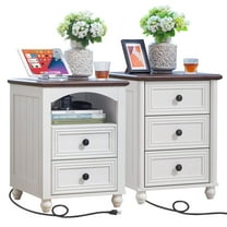 Nightstands Set of 2 with Charging Station, Rustic End Table with 2 Drawers Farmhouse Bedside Table with 3-tier Storage for Living Room, White