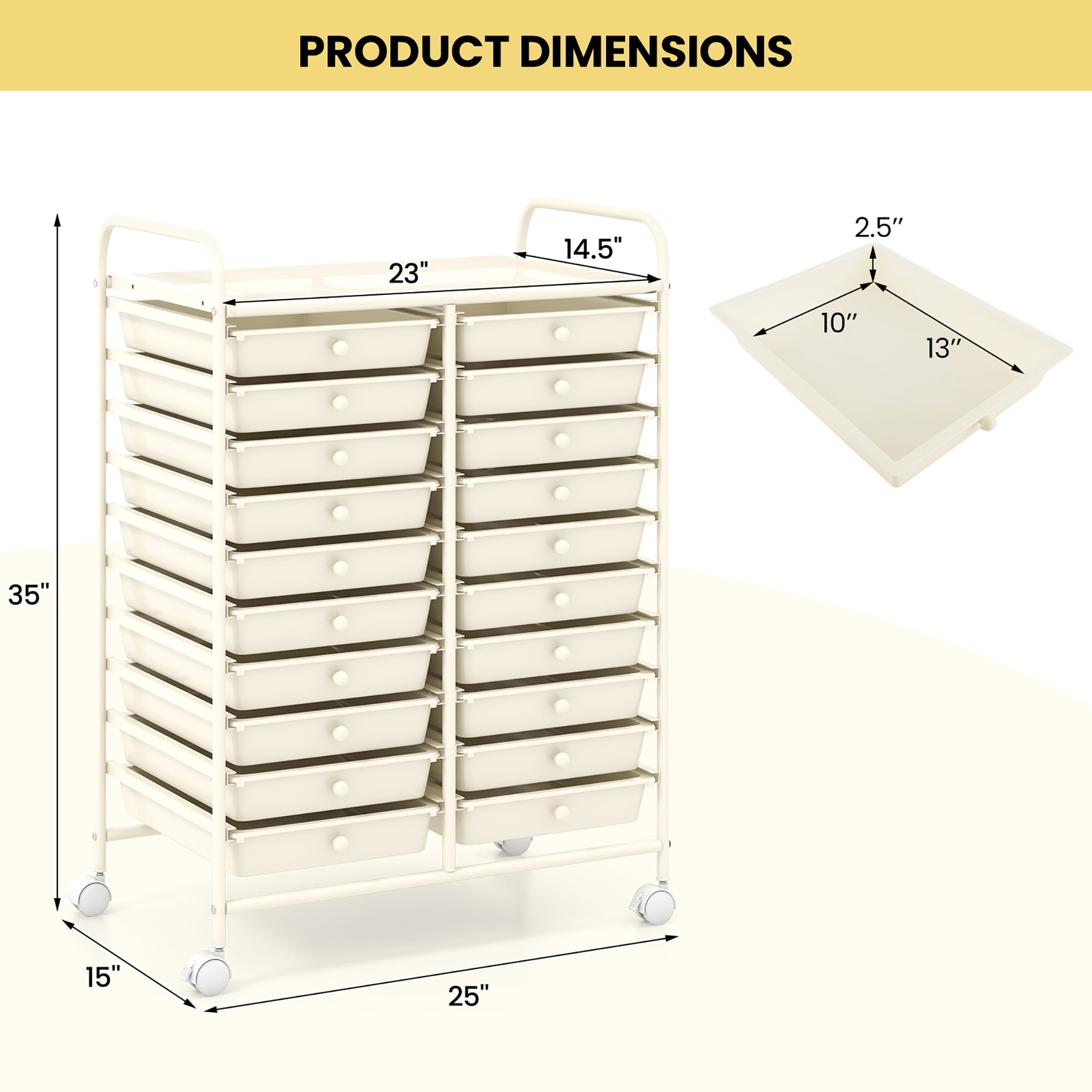 Gymax 20 Drawers Rolling Storage Cart Art Craft Organizer on Wheels Multipurpose White