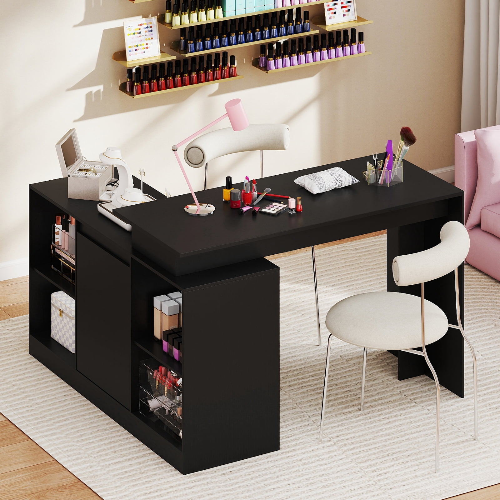 Gymax 48'' Reversible L-shaped Computer Desk w/2 Doors 4 Open Storage Cubes for Office Black