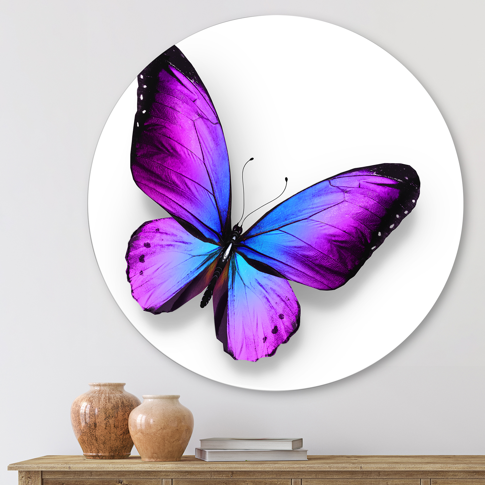 Designart 'Blue and Violet Butterfly' Modern Circle Metal Wall Art 23x23 - Disc of 23