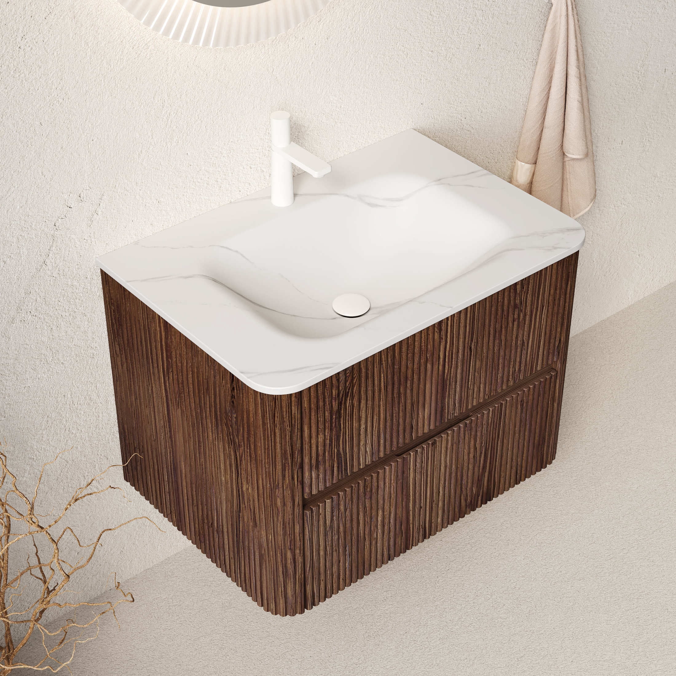 Noble House Noor 30" Floating Bathroom Vanity with Seamless Sintered Stone Basin, Retro Soft-Close Drawers, Walnut
