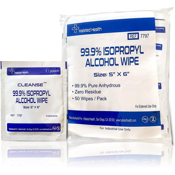 99.9% Isopropyl Alcohol Handy Wipe, 50 Wipes / Bag, Size 6in x 5in, Lint Free, Non-Abrasive, No Water Residue, Cleanse.