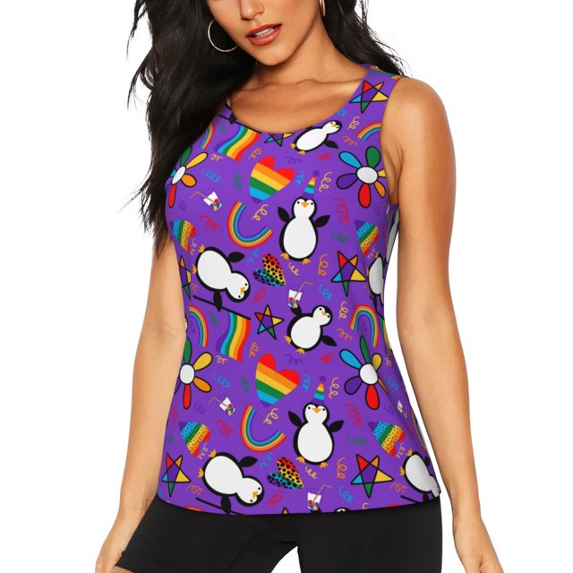 Balery Rainbow Lgbt Penguin Camiseta sin mangas estampada ligera para mujer, tops de entrenamiento sin mangas, camisetas de yoga transpirables de secado rápido.-XX-Large