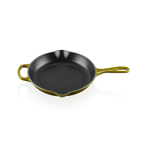 Sartén redonda exclusiva de hierro fundido esmaltado Le Creuset, 10,25 pulgadas, color oliva