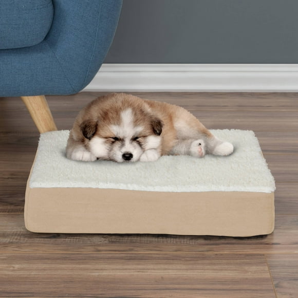 PETMAKER Orthopedic Sherpa Top Pet Bed with Memory Foam and Removable Cover 20x15x4 Tan