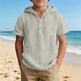 thumbnail image 2 of FSYBOA Boys Cotton Linen T Shirt, Hooded Short Sleeve Casual Henley Neck Kids Summer Tops Beige Size 13-14T, 2 of 9