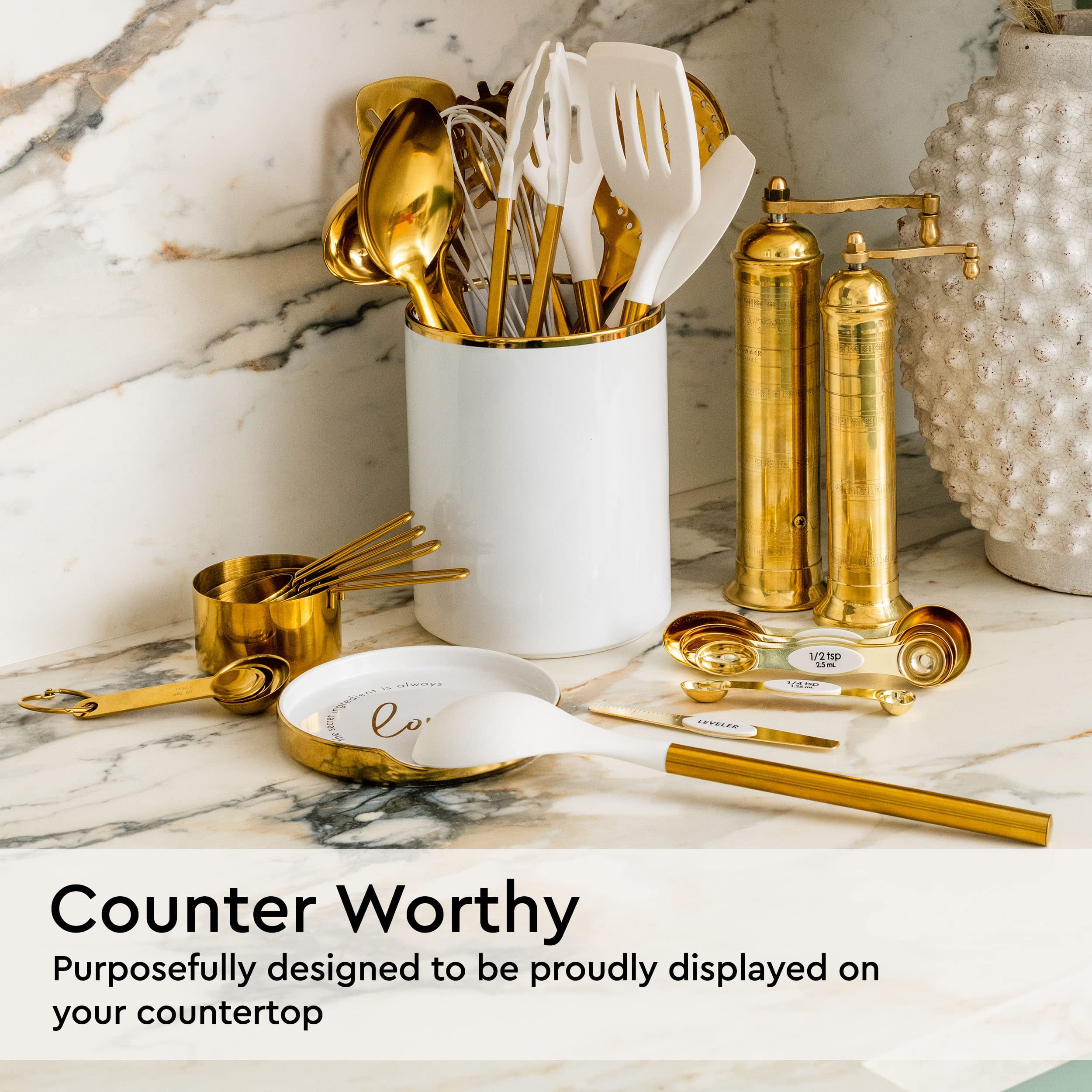 White Utensil Holder with Built-In Ceramic Spoon Rest - 2 PC Luxe White & Gold Utensil Holder for Countertop Includes Large Utensil Holder & White and Gold Spoon Rest - Utensils Not Included