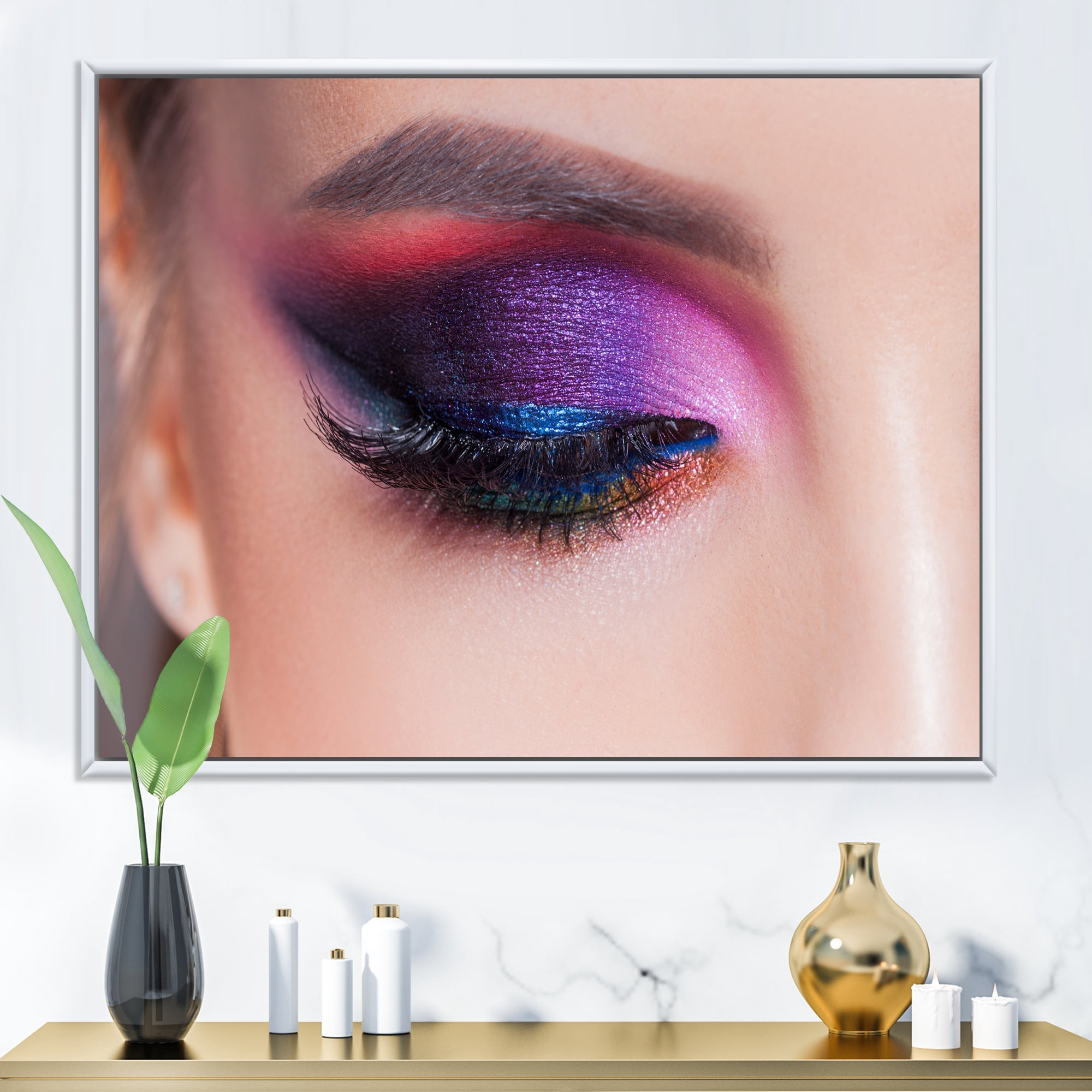 Designart 'Bright Eye Makeup In Luxurious Blue And Pink Shades' Modern Framed Canvas Wall Art Print