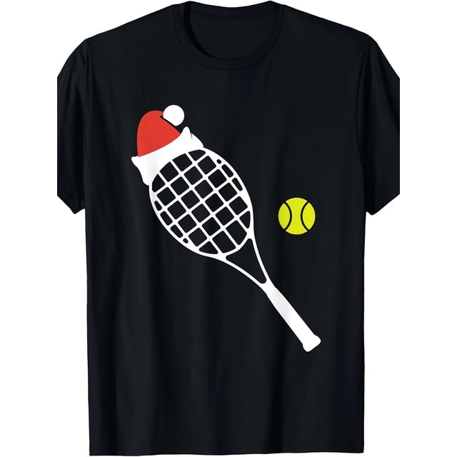 T Shirt 1pc Men'S Christmas Tennis with Santa Hat & Racket Design Black Crew Neck Casual Tee