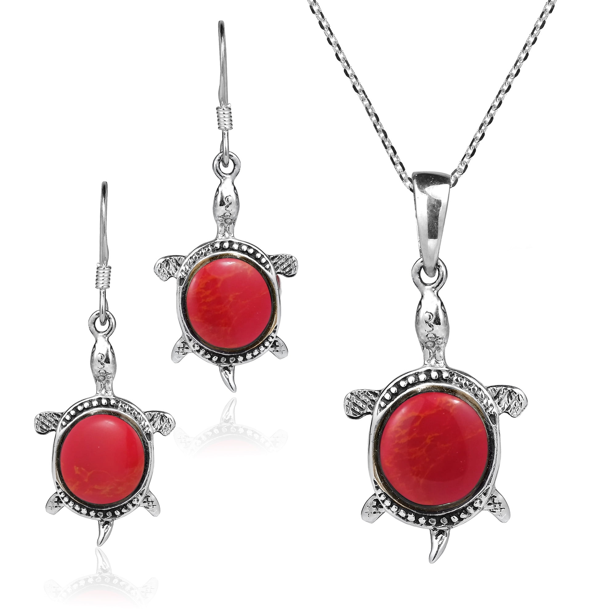Happy Turtles Synthetic Coral .925 Stering Silver Necklace Earrings Set by